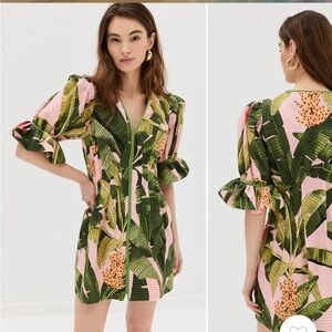 Farm Rio Tropical Leaf Print Dress with Puff Sleeves